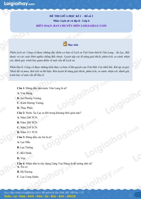 Đề thi giữa kì 2 Lịch sử và Địa lí 6 - Đề số 2